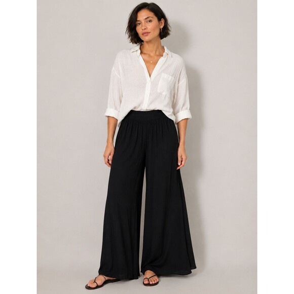 Umgee Pants - Umgee Black Gauze Wide Leg Pull On Pants Boho Palazzo Flowy Artsy Casual Medium